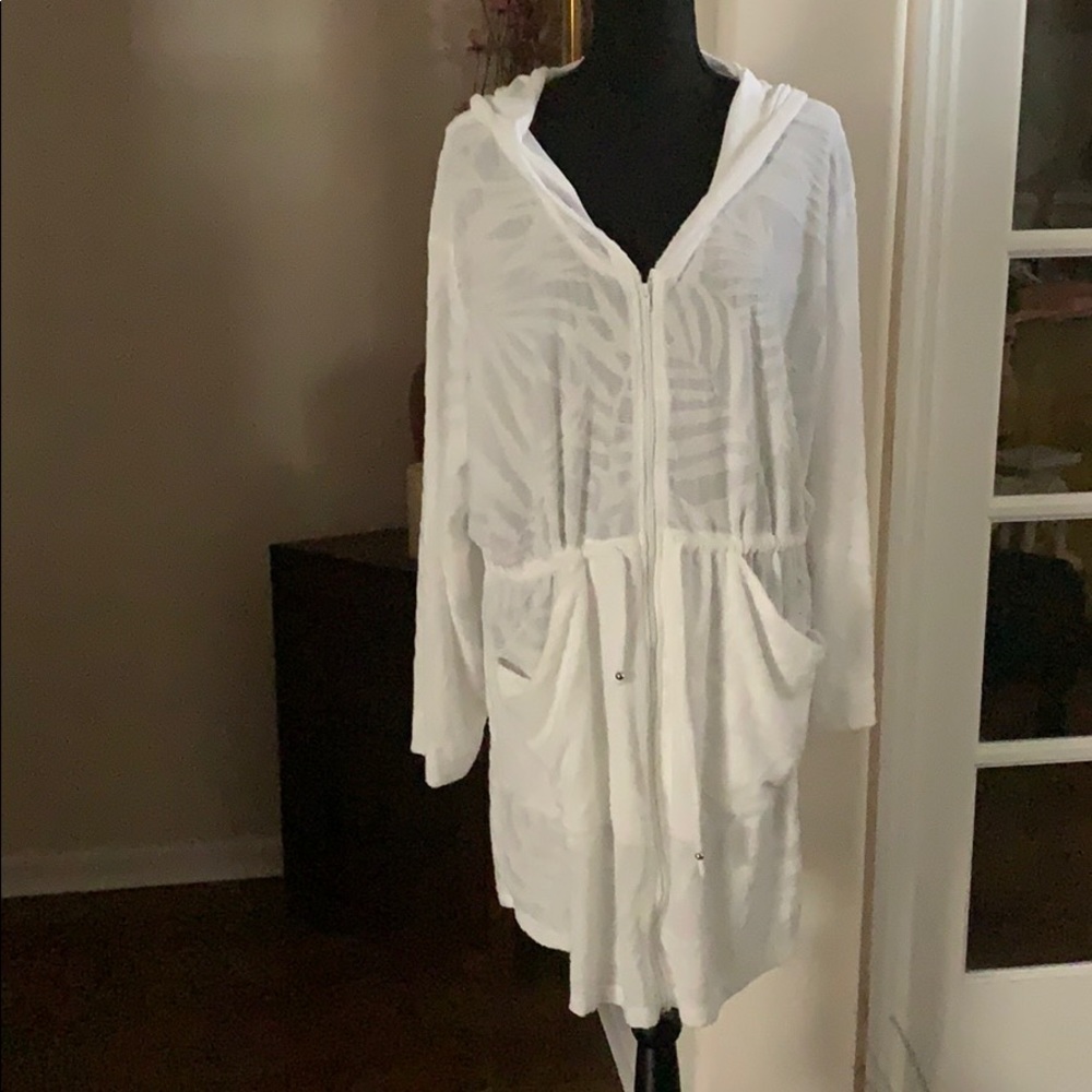 J Valdi White Terry Cloth Hooded Tunic Front Zip Swim Cover-Up - 1X OR 2X
